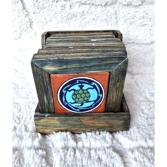 Retro Green Blue Wooden Tile Turtle Coasters 6 pcs - Picture 7 of 7